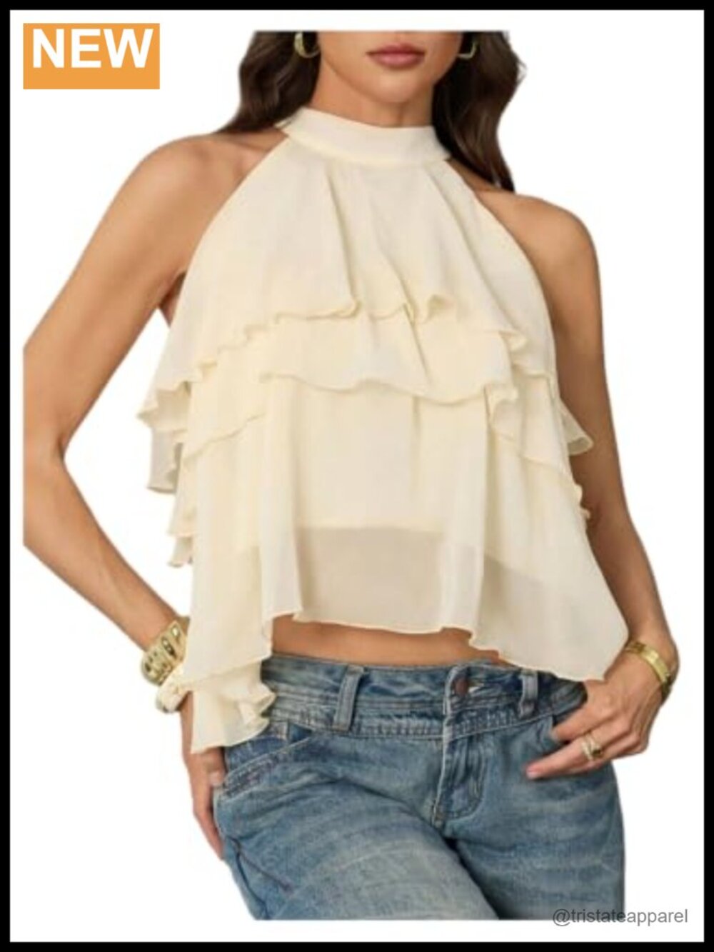 Women's Sleeveless Halter Blouse Flowy Ruffle Crop Top